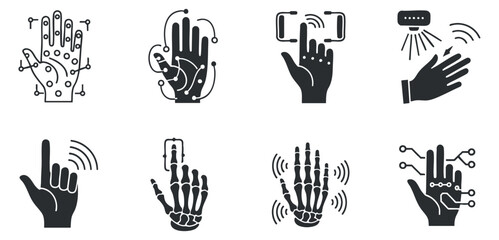 A collection of hand gesture icons in black and white vector style, suitable for technology and user interface design
