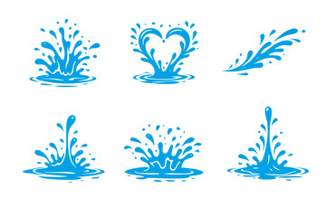 Blue water splash set with droplets, ripples and heart shaped splash. Dynamic liquid wave elements for cleaning, freshness, beverage, love and summer design, isolated on white.