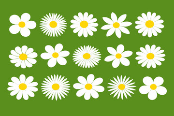 Set of flat daisy flower icons with white petals and yellow centers on green background, arranged in a neat grid. Spring meadow mood, floral pattern, nature decoration.