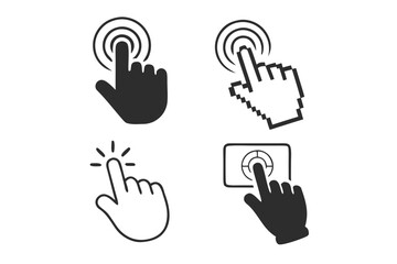 Set of touch and click hand cursor icons including finger tap, pixel pointer, outline gesture and button press. UI interaction symbols for web, app and touchscreen interfaces.