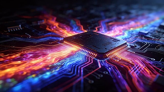 Colorful microprocessor chip with glowing circuit lines on dark background