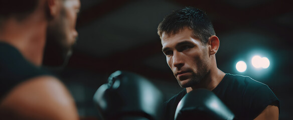 Two mixed martial artists practicing sparring within a professional training gym environment