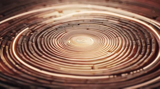 Abstract macro video wooden tree rings, organic circular growth patterns wood fibers texture, luminous following rings bioluminescent glow slow motion shallow focus, elegant modern color cinematic