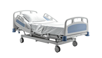 Modern, adjustable hospital bed with white linens and protective side rails, against black