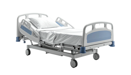 Modern, adjustable hospital bed with white linens and protective side rails, against black