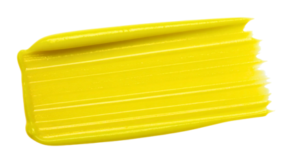A vibrant, textured brushstroke of solid yellow paint against a pure black background