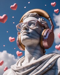 Marble statue wearing pink headphones and glasses under heart balloons