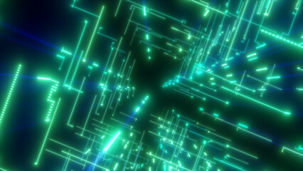 Abstract teal and green luminous digital grid forming a dynamic tunnel of light and technology