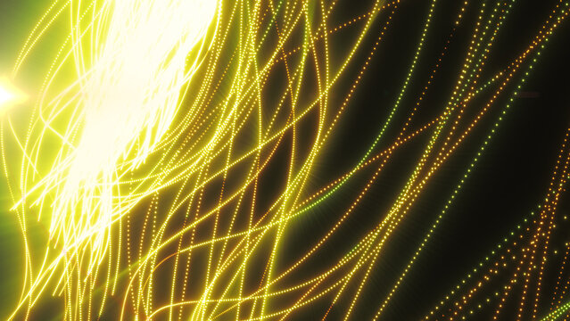 Abstract golden yellow light trails with glowing particle lines on a dark background, representing energy flow, motion, and luminous digital dynamics
