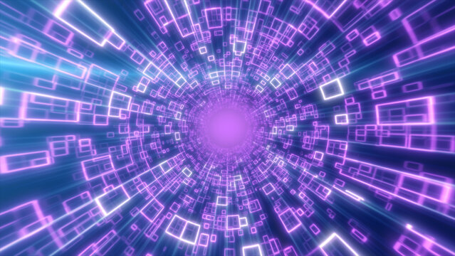Intense pink tech vortex with radiant geometric squares spiraling into a glowing digital center