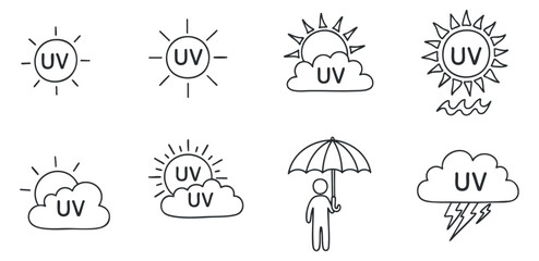 A collection of UV protection symbols featuring various sun and cloud designs in minimalist outline vector style, suitable for health and safety awareness
