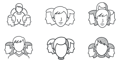 Obraz premium A set of diverse character illustrations depicting teamwork and collaboration in minimalist outline vector style, suitable for business branding and social concepts