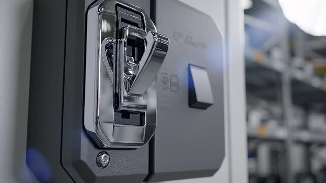 Close up of electrical panel and switchgear in manufacturing facility environment