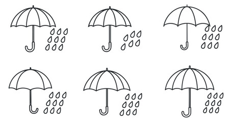 A set of six umbrellas with rain droplets in black and white outline vector style, ideal for weather-themed designs
