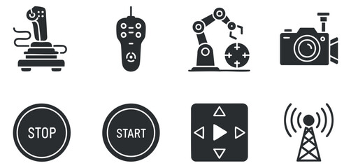 A collection of gaming controllers, remote controls, robotic arms, and photography icons in black and white minimalist vector style, suitable for technology and gaming projects