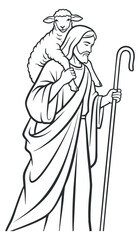 Obraz premium A shepherd carrying a lamb on his shoulders in a minimalist outline vector style, ideal for religious and spiritual illustrations