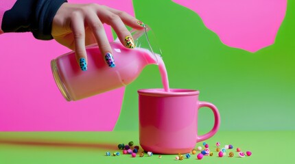 Pink milk pouring in a pink cup, vibrant bg