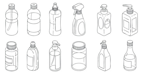 A collection of various bottle and container designs in clean outline vector style, suitable for packaging and branding projects