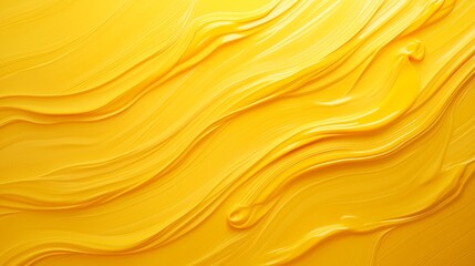 Abstract yellow wavy texture with fluid motion, smooth glossy surface, creating a sense of movement and flowing organic forms in bright light.