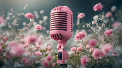 Vintage pink microphone in a field of beautiful flowers