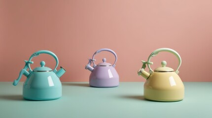 Colorful tea kettles on pastel background
