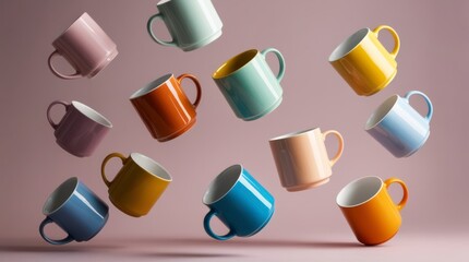 Colorful tea cups floating on pastel background