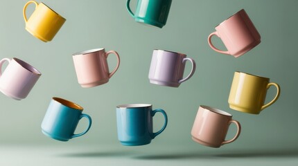 Colorful tea cups floating on pastel background