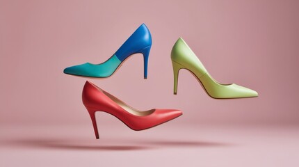 Vibrant high-heeled shoes in different colors on display