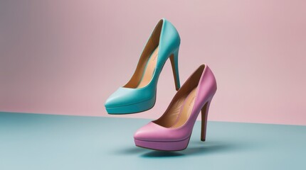 Vibrant high-heeled shoes in different colors on display