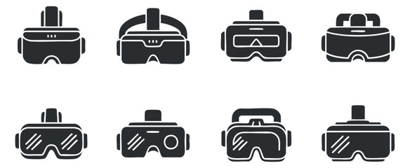A set of eight virtual reality headsets in black and white outline vector style, ideal for tech and gaming designs
