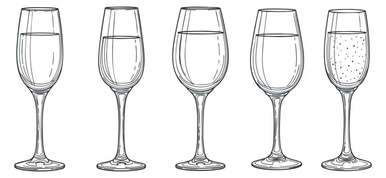 A set of five elegant drink glasses in outline vector style, perfect for beverage branding and menu design - Powered by Adobe