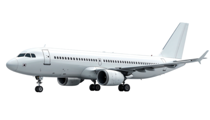 Modern passenger jet aircraft, painted pristine white, side view. Isolated on a transparent background