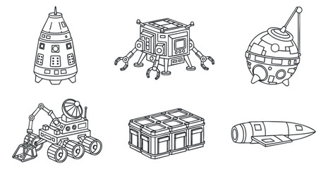 Naklejka premium A set of space-themed icons including rockets, robots, and containers in black and white outline vector style, suitable for technology and science projects
