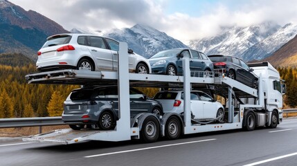 Car trailer truck carrying multiple vehicles on highway toward marketplace during daytime with mountains in background