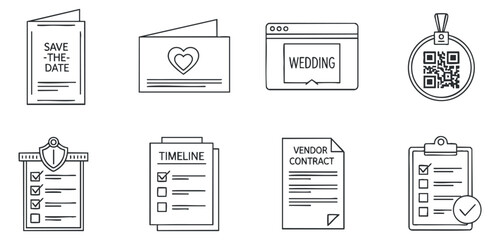 A set of wedding planning icons including save the date, checklist, timeline, and vendor contract in minimalist black and white vector style, perfect for event planning projects