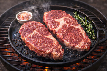 Two steaks on a grill with rosemary and seasoning
