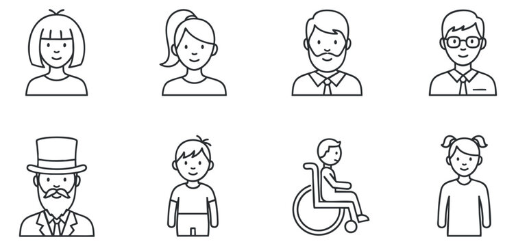 A set of diverse character icons representing various professions and lifestyles in minimalist outline vector style, suitable for social and community projects