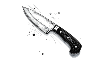 Monochrome illustration of a chef knife with a wooden handle, and splatters against a black backdrop