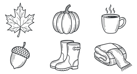 A collection of autumn-themed elements including a maple leaf, pumpkin, coffee cup, acorn, boots, and a blanket in minimalist outline vector style, ideal for seasonal design projects © vadymstock
