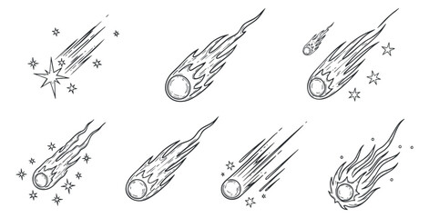 A collection of nine hand-drawn comet and star illustrations in a black and white outline style, suitable for space-themed designs © vadymstock
