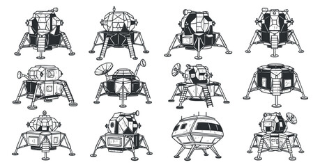 A collection of lunar lander spacecraft designs in black and white outline vector style, suitable for science and technology projects © vadymstock