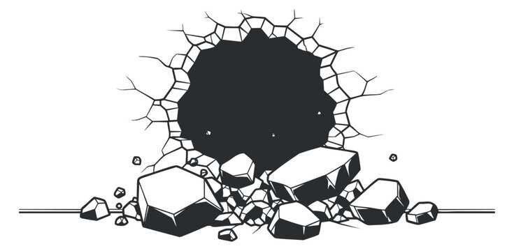 A cracked wall with debris and a large hole in a black and white outline vector style, ideal for construction and repair themes