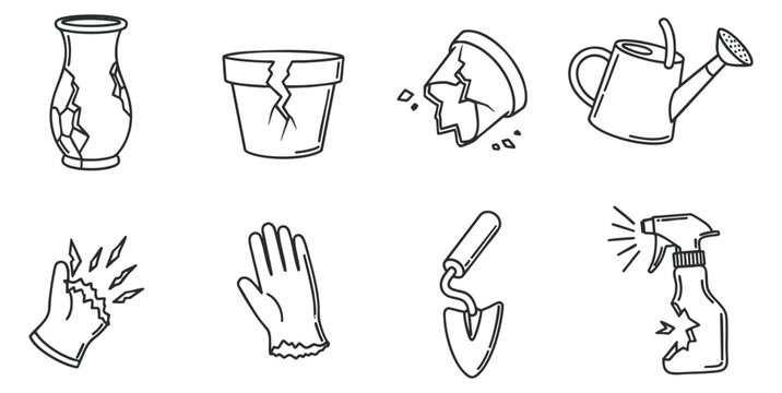 A collection of broken household items including a vase, plant pot, pie, and gardening tools in minimalist outline vector style, suitable for repair and renovation projects