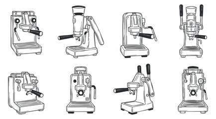 A collection of coffee machines in outline sketch style, ideal for coffee shop branding and culinary design projects
