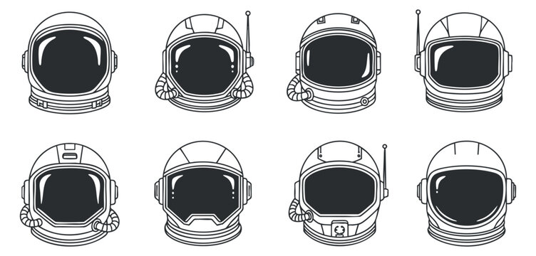 A set of eight astronaut helmets in black and white outline vector style, suitable for space-themed illustrations and designs
