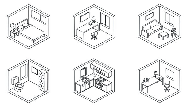 A collection of isometric room illustrations featuring a bedroom, office, living room, kitchen, and bathroom in minimalist outline style, ideal for interior design projects