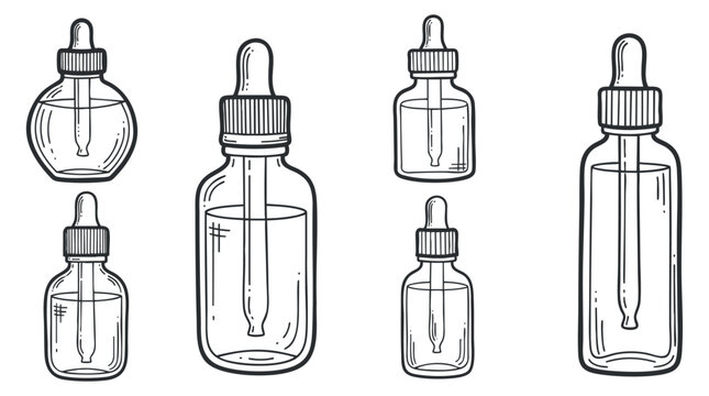 A collection of glass dropper bottles in outline vector style, suitable for cosmetic and medical product design