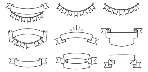 A collection of decorative banners and ribbons in outline vector style, suitable for invitations and label designs