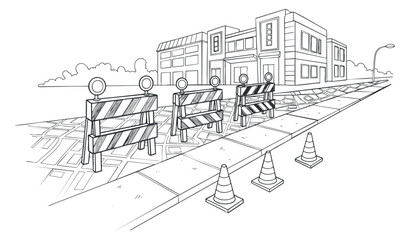 Obraz premium A sketch of a construction site featuring roadblocks and barriers in black and white outline style, ideal for urban planning projects