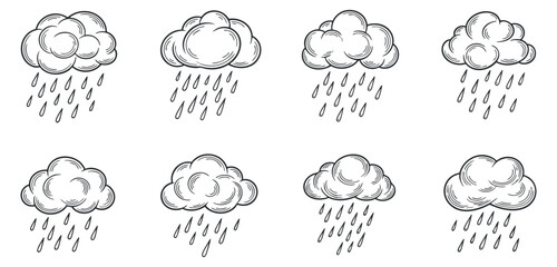 Fototapeta premium A collection of different cloud illustrations with rain in outline vector style, perfect for weather-themed designs